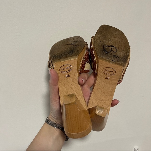 Celine Vintage Wood Block Heel Croc Mules Size 38 US 8 - Picture 6 of 6